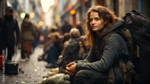 Homeless woman on the street, generative AI