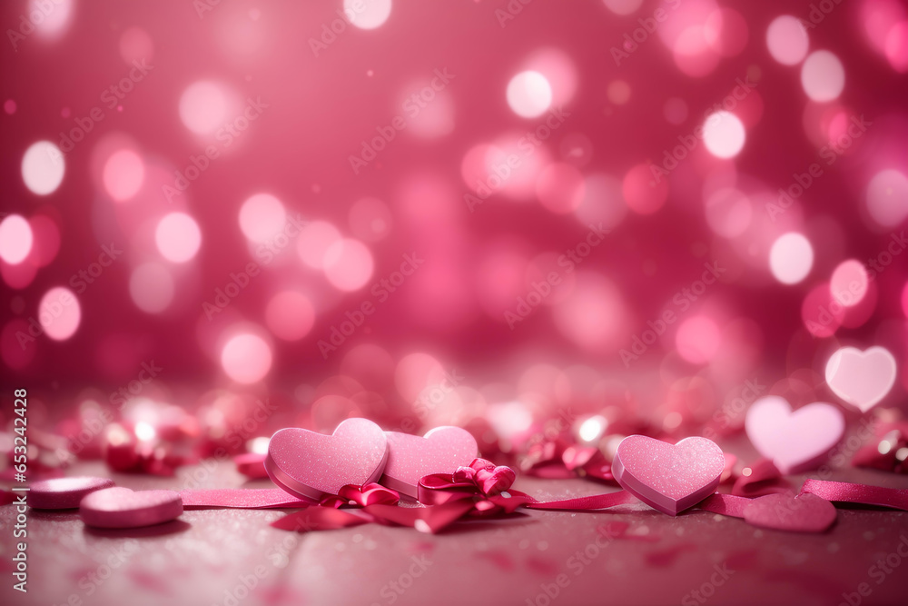 Pink hearts on wooden table. Valentine's day abstract background with bokeh defocused lights