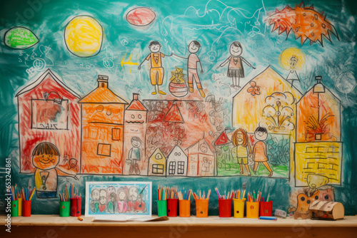 School Board Painted With Colored Chalks By Children Created Using Artificial Intelligence