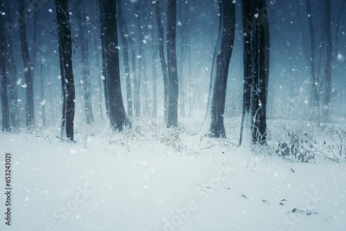 snow falling in winter forest, fantasy landscape