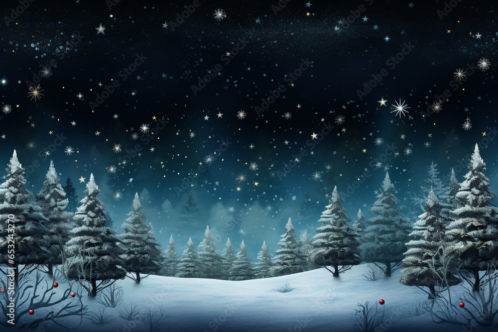 Christmas background with snow, pine trees and copy space for text.