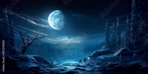 Canvas-taulu moonlit winter night with a forest bathed in shades of deep midnight blue and silver