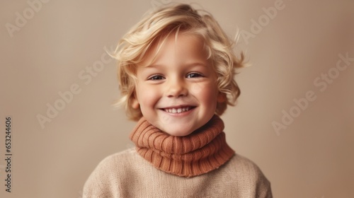 A happy blond boy smiles against a light beige backdrop.