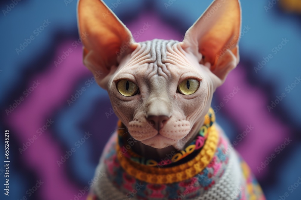 Close-up portrait photography of a smiling sphynx cat wearing a fish-patterned sweater against a pastel or soft colors background. With generative AI technology