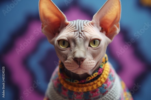 Close-up portrait photography of a smiling sphynx cat wearing a fish-patterned sweater against a pastel or soft colors background. With generative AI technology