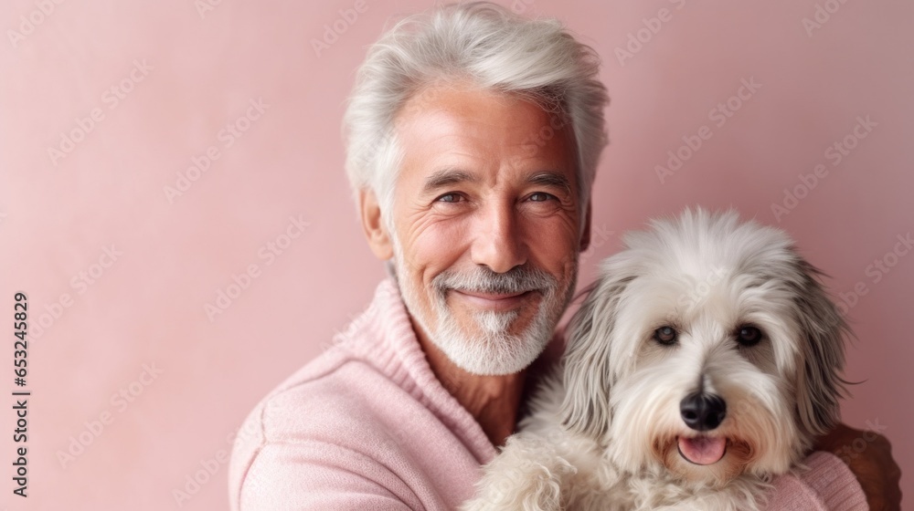 A senior man and his dog both smile in a heartwarming studio shot. A senior man and his dog both smile in a heartwarming studio shot.