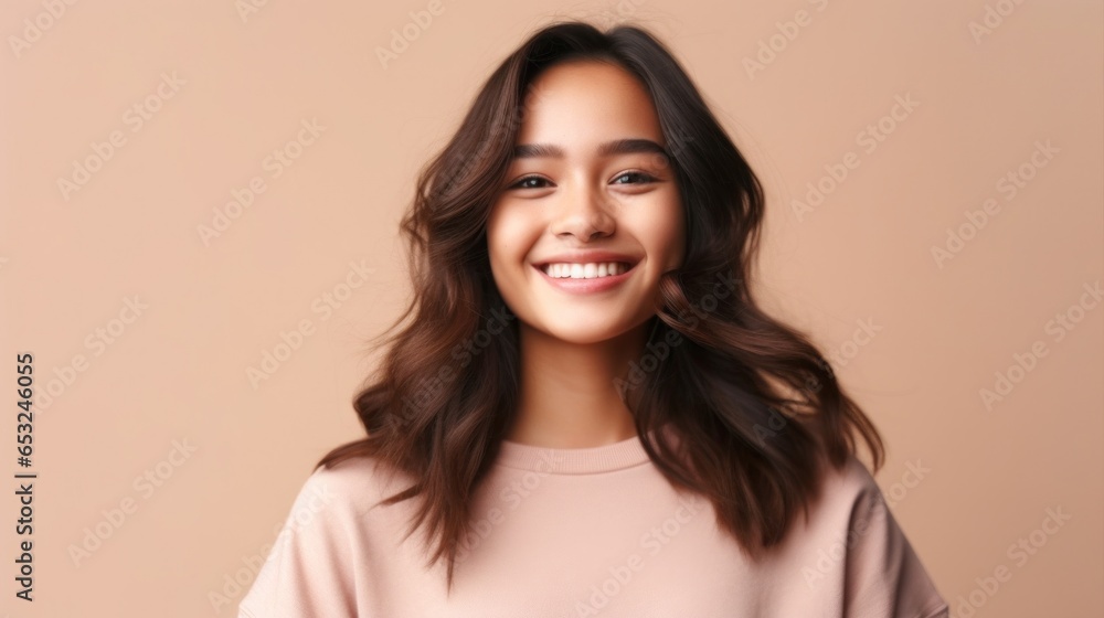 A teenage girl exuding confidence and happiness, framed by a pristine, well-lit studio environment. A teenage girl exuding confidence and happiness, framed by a pristine, well-lit studio environment.