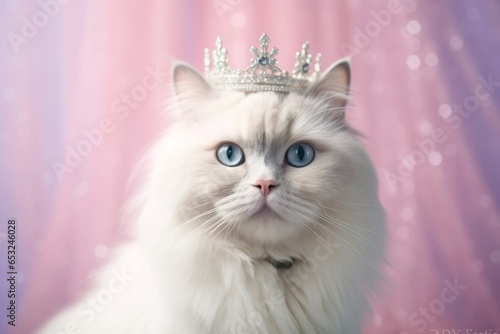 Photography in the style of pensive portraiture of a smiling munchkin cat wearing a royal tiara against a pastel or soft colors background. With generative AI technology © Markus Schröder