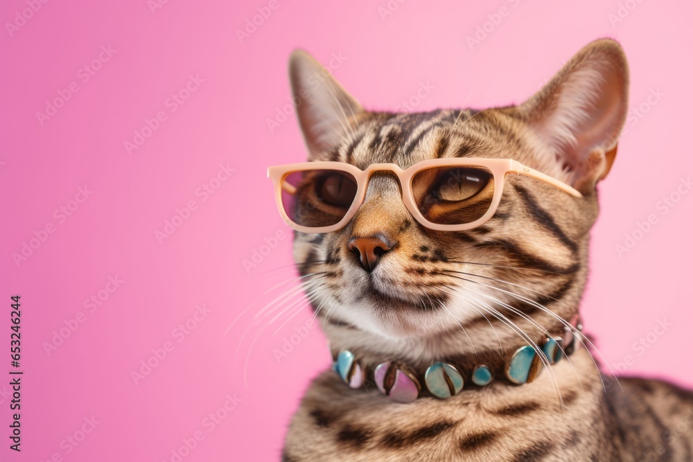 Lifestyle portrait photography of a happy savannah cat wearing a trendy sunglasses against a pastel or soft colors background. With generative AI technology