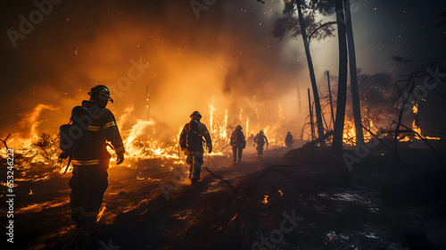 Brave firemen running into burning forest. Silhouette of a group of firefighters walking through the forest during a fire. Burning forest at night. Natural disaster. Fire in the forest.