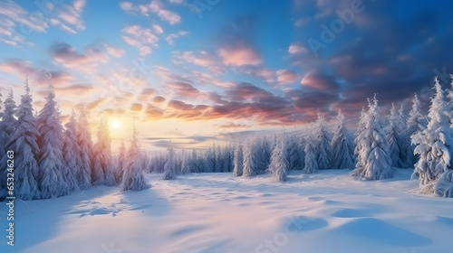 Frozen winter forest with snow covered trees at sunset. Winter landscape in the mountains.