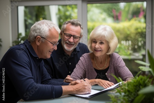 In the comfort of their home, a couple keenly engages with a professional financial planner. Holding a clipboard and pen, the expert provides insights on retirement planning