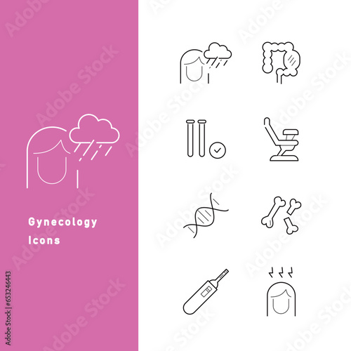 婦人科と女性の体調不良のラインアイコンセット