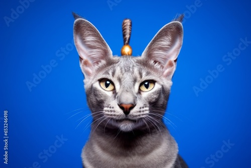 Lifestyle portrait photography of a happy egyptian mau cat wearing a devil horns headband against a royal blue background. With generative AI technology © Markus Schröder