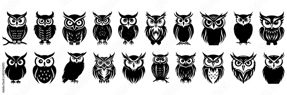 Owl bird silhouettes set, large pack of vector silhouette design, isolated white background Owl bird silhouettes set, large pack of vector silhouette design, isolated white background