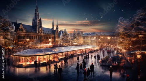 Enchanted Cityscape: Bustling Christmas Market with Twinkling Lights and Festive Stalls in 8K created with generative ai technology