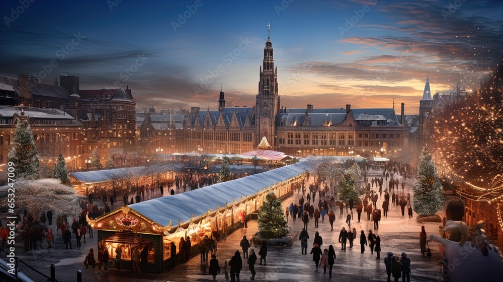 Enchanted Cityscape: Bustling Christmas Market with Twinkling Lights and Festive Stalls in 8K created with generative ai technology