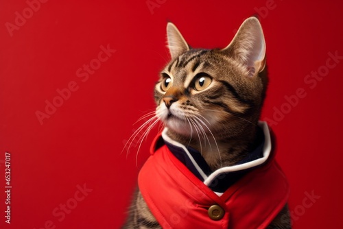 Medium shot portrait photography of a cute havana brown cat wearing a sailor suit against a red background. With generative AI technology © Markus Schröder