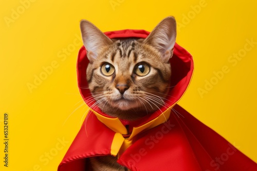 Medium shot portrait photography of a happy havana brown cat wearing a banana costume against a red background. With generative AI technology