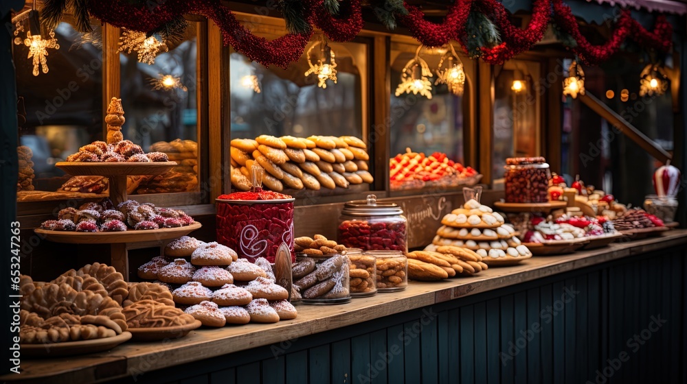 Enchanted Cityscape: Bustling Christmas Market with Twinkling Lights and Festive Stalls in 8K created with generative ai technology