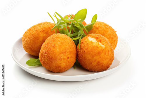 Arancini rice balls with carrots and cheese on a white background