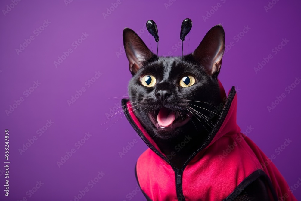 Medium shot portrait photography of a smiling bombay cat wearing a lobster costume against a vibrant purple background. With generative AI technology Medium shot portrait photography of a smiling bombay cat wearing a lobster costume against a vibrant purple background. With generative AI technology