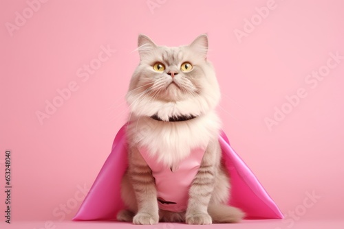 Group portrait photography of a happy ragamuffin cat wearing a superhero costume against a pastel pink background. With generative AI technology