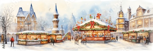 the enchanting atmosphere of a bustling Christmas market. Wooden stalls brimming with handcrafted treasures, a majestic carousel as the square's centerpiece