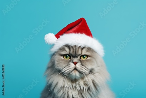 Medium shot portrait photography of a funny british longhair cat wearing a santa hat against a turquoise blue background. With generative AI technology