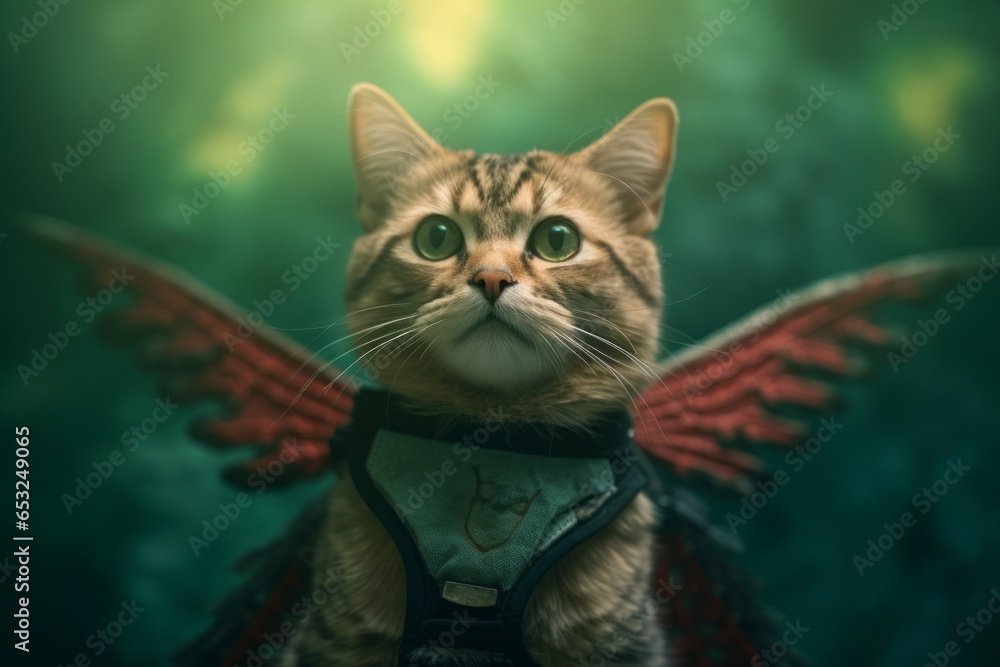 Headshot portrait photography of a funny javanese cat wearing a fairy wings harness against a green background. With generative AI technology