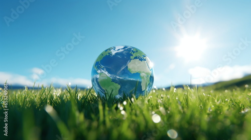 globe on grass in daylight on grass field blur forest and sun background