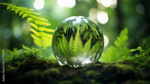 photo glass sphere on background in forest brake green trees earth with moss