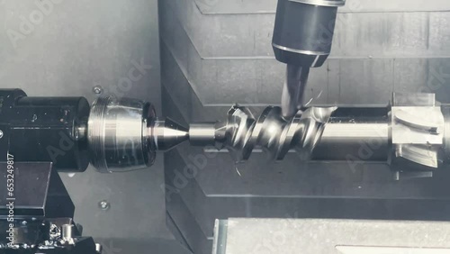 Multi-axis CNC machine with end mill cutter while machining forming metal workpiece material to screw shape threads.