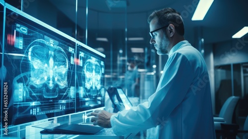 doctor working in futuristic hospital with medical high tech healthcare, surgeon team operation on heart disease and illness on monitor, Generative AI photo