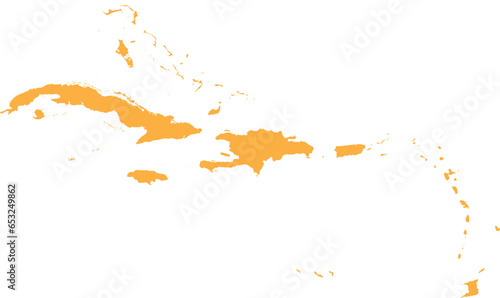ORANGE CMYK color detailed flat stencil map of the region of CARIBBEAN ISLANDS on transparent background