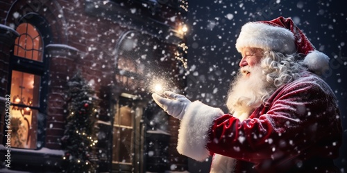 Santa Claus blowing the white snow out of his hands. Generative Ai.