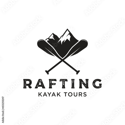 Retro vintage hipster element logo template rafting or kayaking with mountains and forest.Logo for rafting club,sports,adventure and badge.