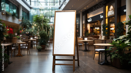 Tall White board with wood frame in the middle of a Shopping mall interior place with vegetation parts and empty tables with day light - AI generated