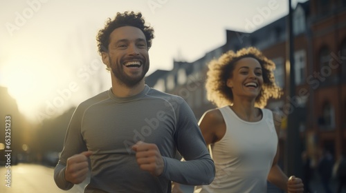 happy fitness Couple doing arm stretches outdoor and work out before running in morning, healthty life style, Generative AI photo