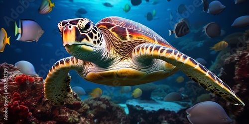 Deep in the ocean  a turtle is accompanied by a group  of colorful fish and other aquatic creatures  Generative AI.