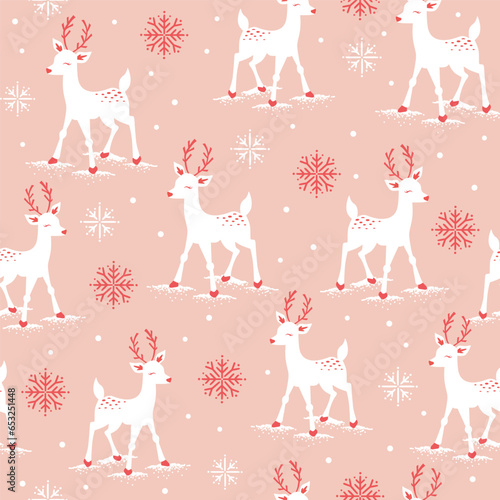 Seamless Pattern of Cute Christmas Reindeer with Snowflakes- Christmas Reindeer vector Illustration