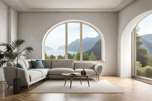 Curved sofa against arched window near beige wall with copy space