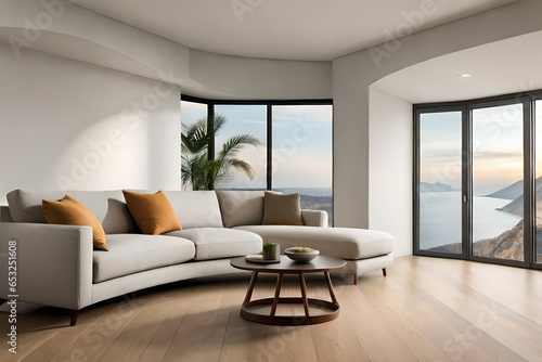 Curved sofa against arched window near beige wall with copy space