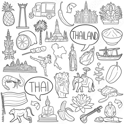 Thailand Doodle Icons. Hand Made Line Art. Thai Theme Clipart Logotype Symbol Design.