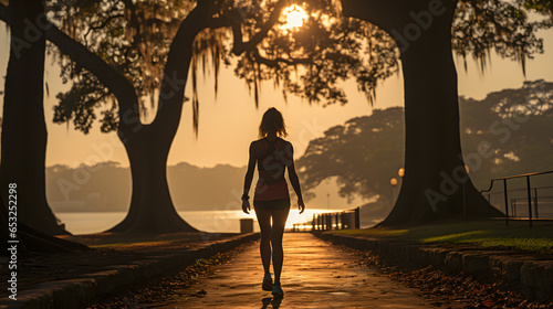  A serene morning scene captures a woman jogging gracefully through a tranquil park as the soft, golden hues of the sunrise envelop the surroundings, creating a peaceful and invigorating atmosphere.