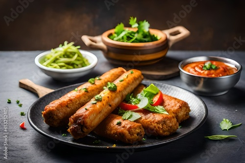  delicious soft chicken kebab on skewers in the dish with mint and tomato sauce generated by AI