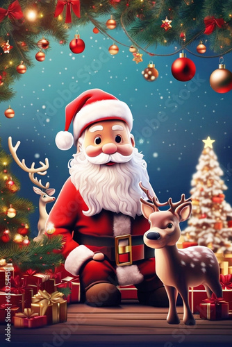 Christmas card template with Santa Claus and christmas tree background