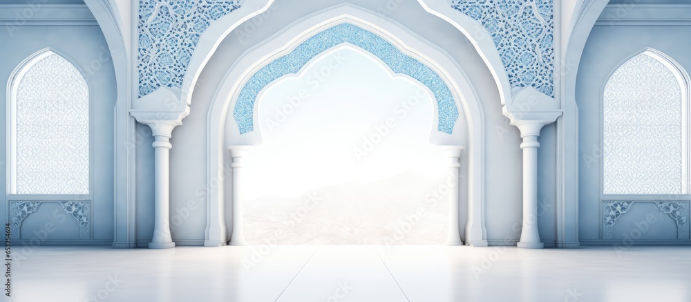 Luxurious Islamic arch background with ornament pattern in white and blue - obrazy, fototapety, plakaty 