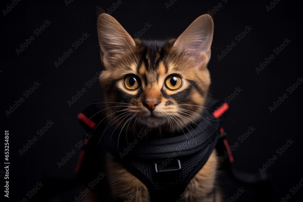 cute cheetoh cat wearing a bat wings harness on matte black background cute cheetoh cat wearing a bat wings harness on matte black background