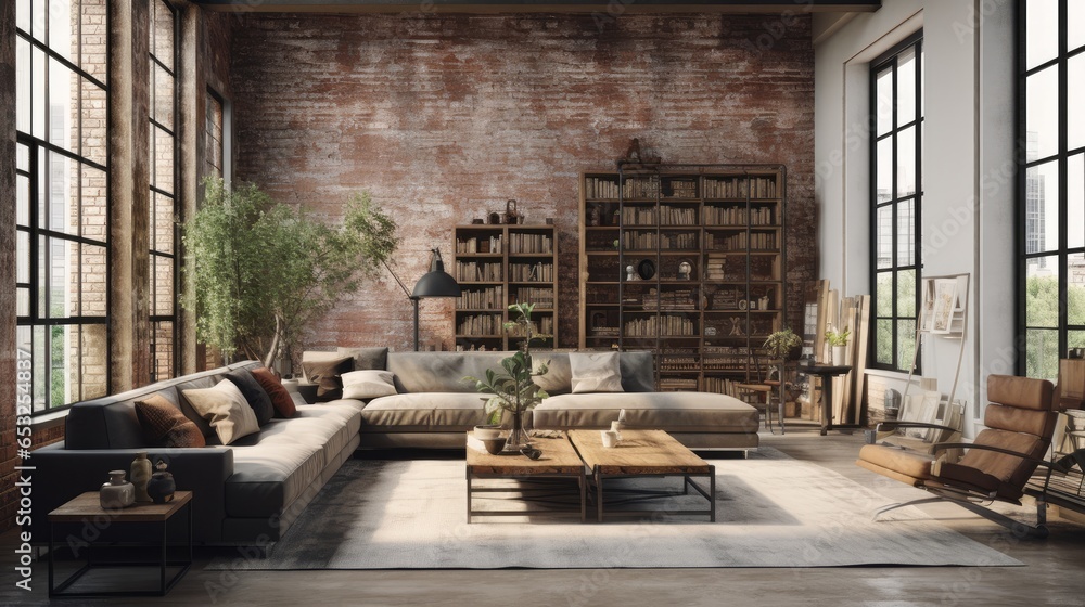 Living room loft in industrial style, a room Stylish Modern with sofa, wood tables, and a concrete wall, Generative AI Living room loft in industrial style, a room Stylish Modern with sofa, wood tables, and a concrete wall, Generative AI
